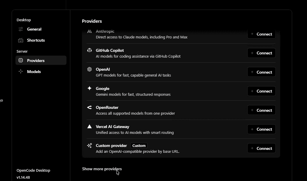 OpenCode Desktop Providers screen