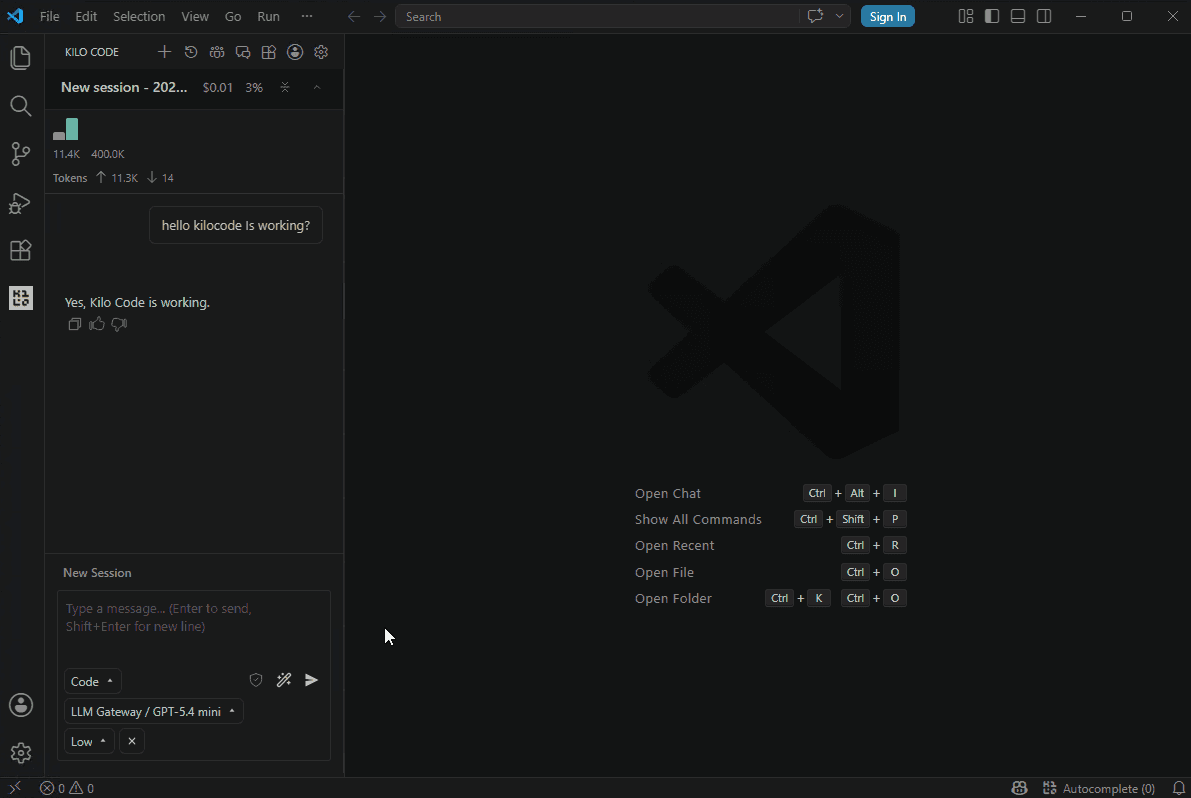 Kilo Code chat active with OffRail