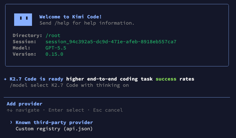 Opening Provider Manager in Kimi Code