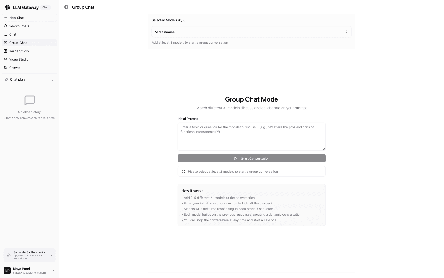Group Chat mode showing model selection and initial prompt